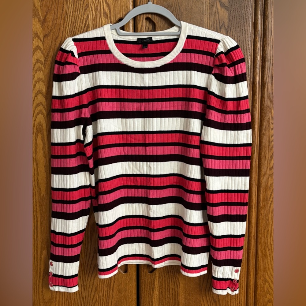 Talbots Vibrant Striped Sweater in Pink, Black, and White